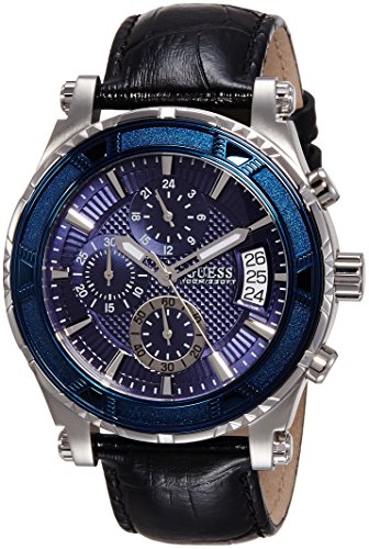 Guess Pinnacle Chronograph Quartz Blue Dial Black Leather Strap Watch For Men - W0673G4