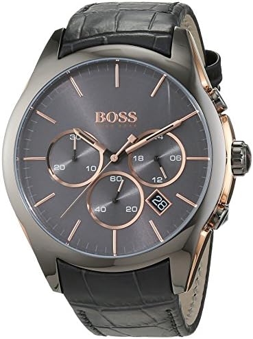 Hugo Boss Onyx Chronograph Grey Dial Black Leather Strap Watch For Men - HB1513366