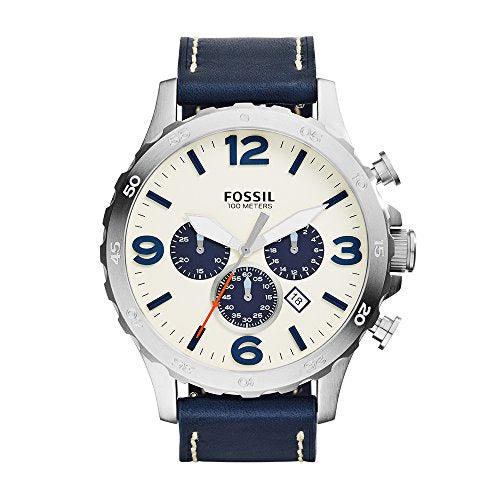 Fossil Nate Chronograph White Dial Blue Leather Strap Watch for Men - JR1480