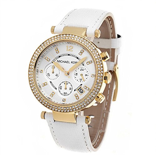 Michael Kors Parker White Dial with Diamonds White Leather Strap Watch for Women - MK2290