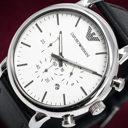 Emporio Armani Classic Quartz Chronograph White Dial Black Leather Strap Watch For Men - AR1807