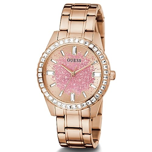 Guess Glitter Diamonds Pink Dial Rose Gold Steel Strap Watch for Women - GW0405L3