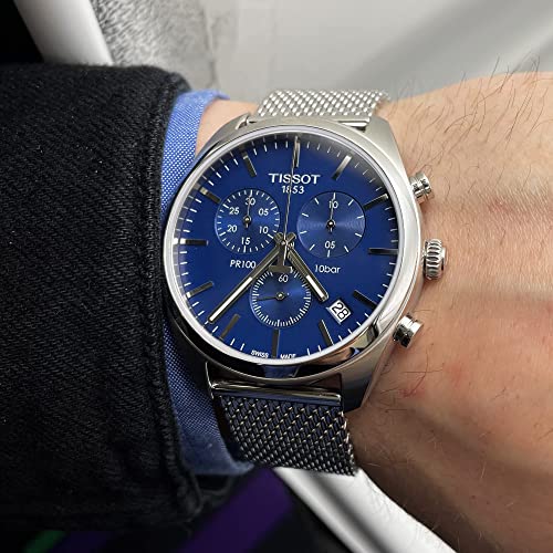 Tissot PR 100 Chronograph Blue Dial Silver Mesh Bracelet Watch for Men - T101.417.11.041.00