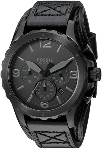 Fossil Nate Chronograph Black Dial Black Leather Strap Watch for Men - JR1510