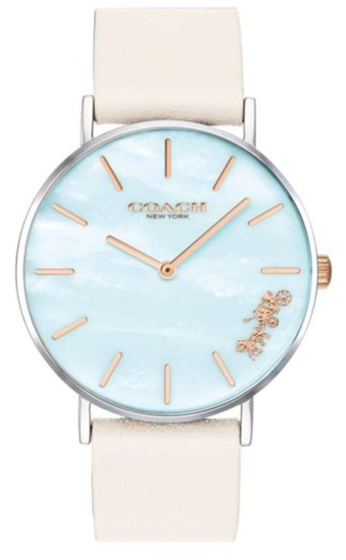 Coach Perry Blue Mother of Pearl Dial White Leather Strap Watch for Women - 14503270