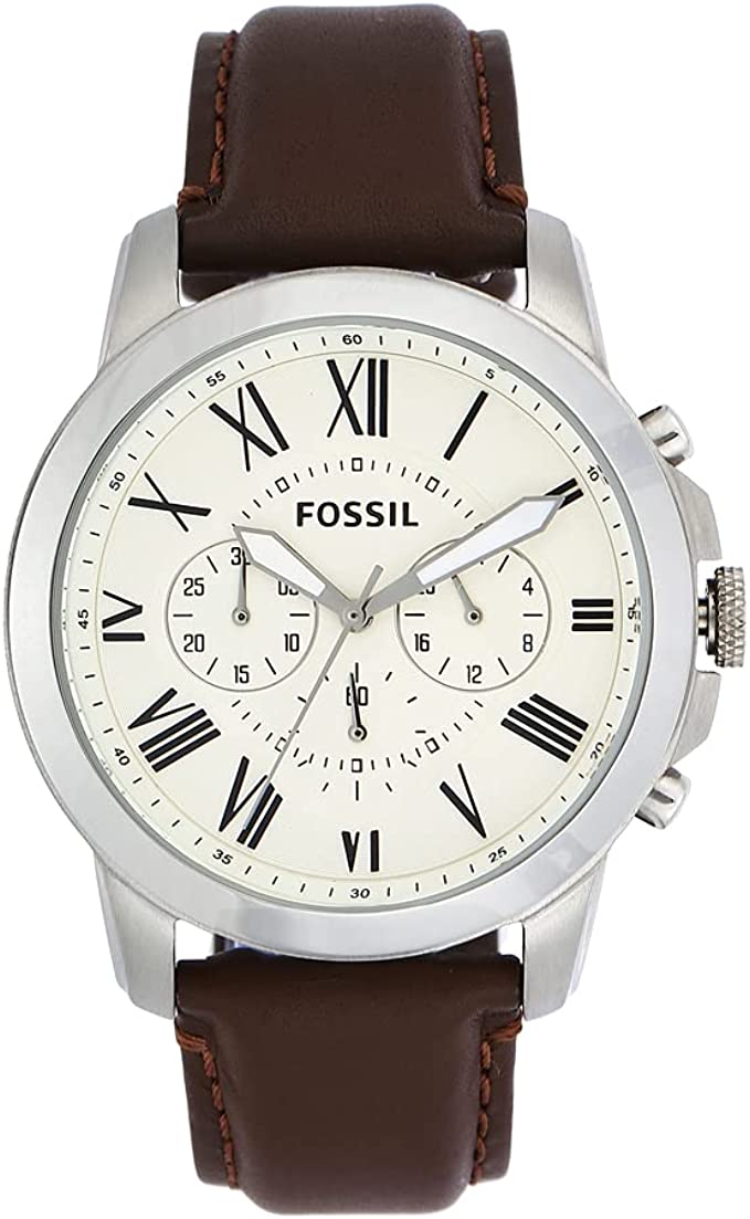 Fossil Grant Chronograph Beige Dial Brown Leather Strap Watch for Men - FS4735