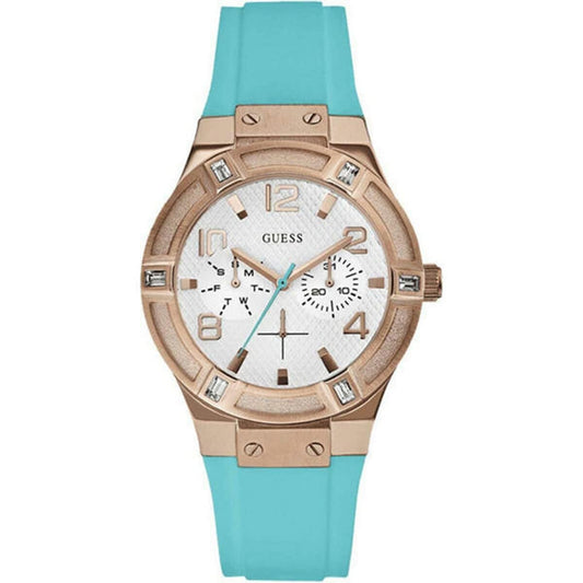 Guess Jet Setter White & Rose Gold Dial Turquoise Silicone Strap Watch For Women - W0564L3