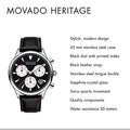 Movado Heritage Chronograph Black Dial Black Leather Strap Watch for Men - 3650005