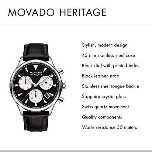 Movado Heritage Chronograph Black Dial Black Leather Strap Watch for Men - 3650005