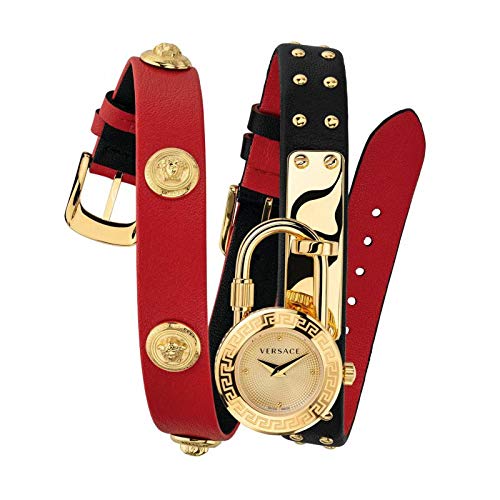 Versace Medusa Lock Icon Gold Dial Red Leather Strap Watch for Women - VEDW00119