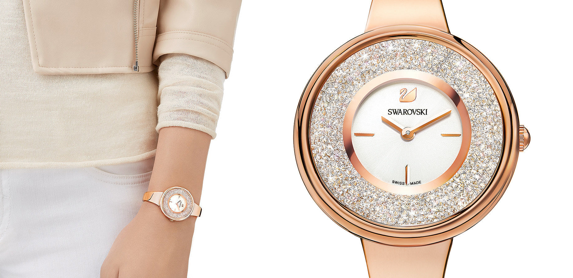 Swarovski Crystalline Bracelet White Dial Rose Gold Steel Strap Watch for Women - 5269250