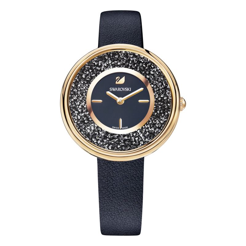 Swarovski Crystalline Pure Black Dial Black Leather Strap Watch for Women - 5275043