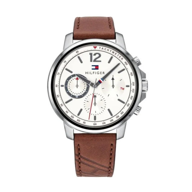 Tommy Hilfiger Landon Chronograph Quartz White Dial Brown Leather Strap Watch for Men - 1791531