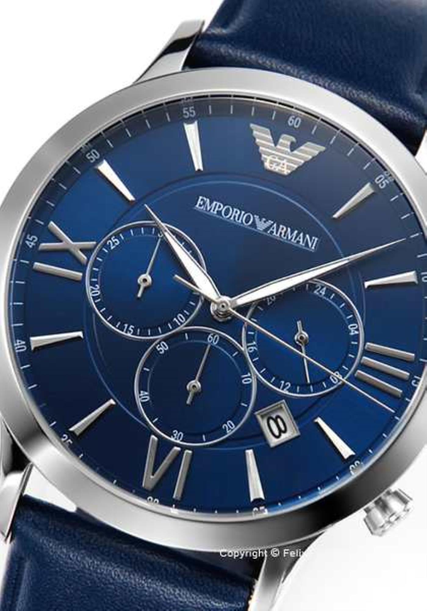 Emporio Armani Giovanni T Bar Chronograph Quartz Blue Dial Blue Leather Strap Watch For Men - AR11226