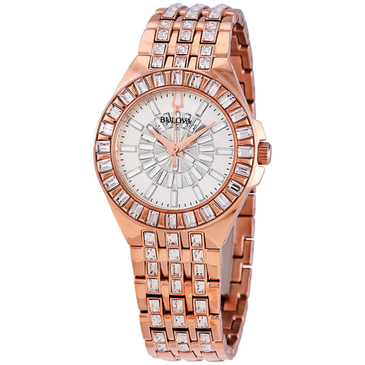 Bulova Phantom White Dial with Swarovski Baguettes Rose Gold Steel Strap Watch for Women - 98L268