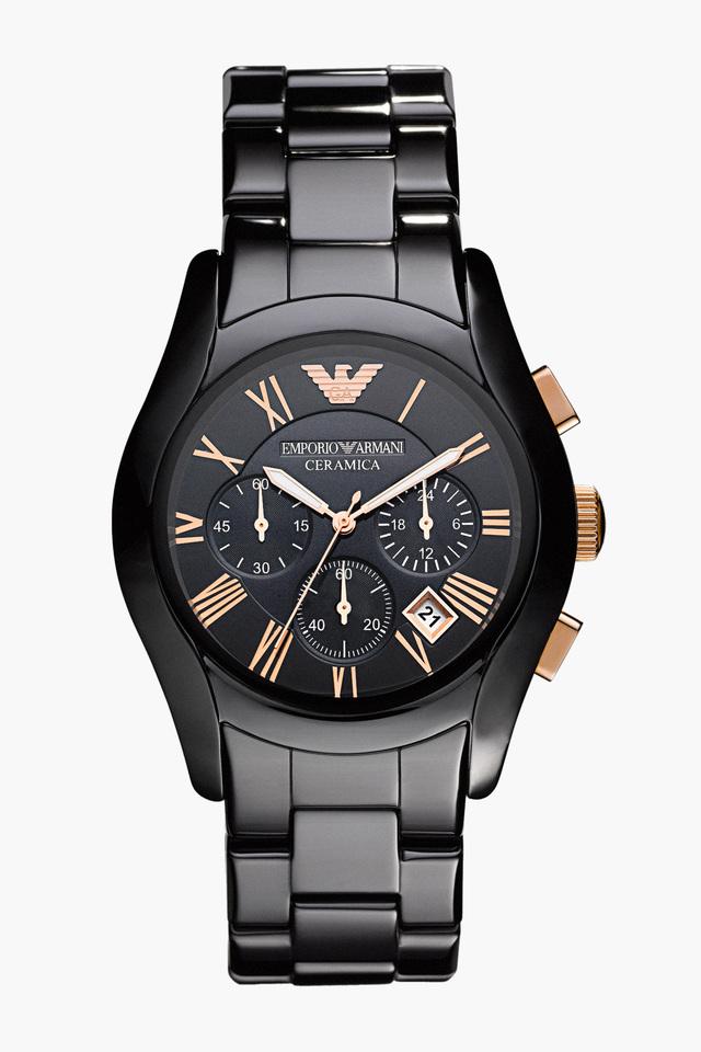 Emporio Armani Valente Ceramica Chronograph Black Dial Black Steel Strap Watch For Men - AR1410