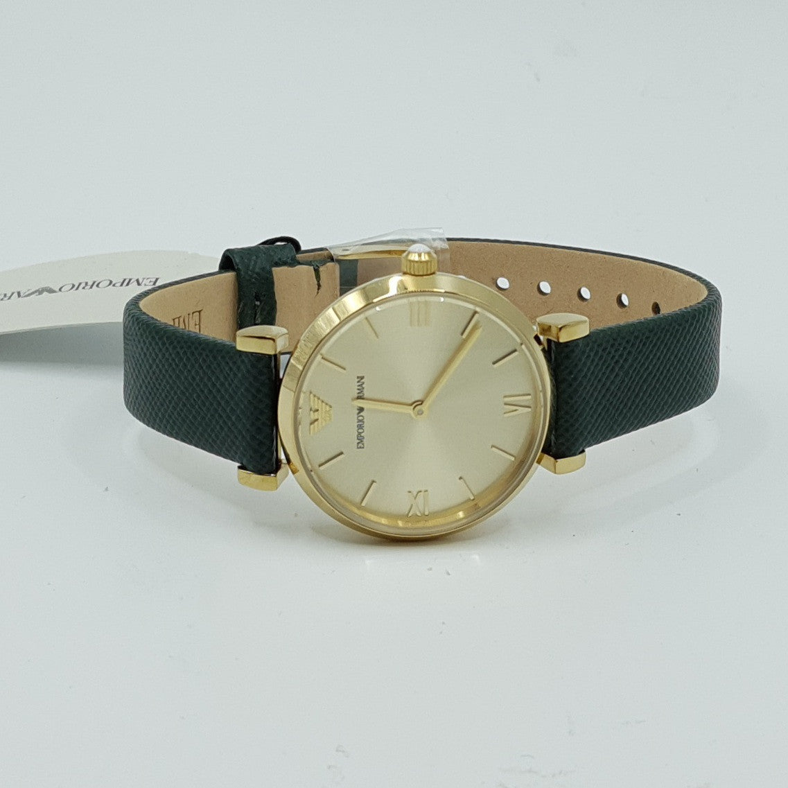 Emporio Armani Retro Champagne Beige Dial Green Leather Strap Watch For Women - AR1726