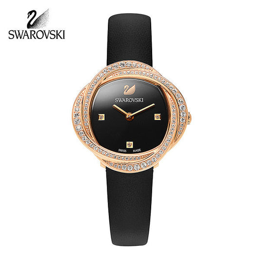 Swarovski Crystal Flower Black Dial Black Leather Strap Watch for Women - 5552421