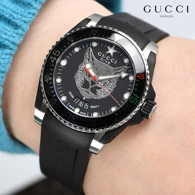 Gucci Dive Feline Quartz Black Dial Black Rubber Strap Watch For Men - YA136323