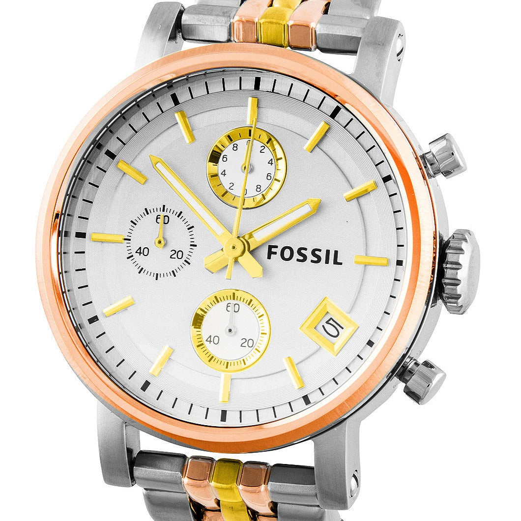 Fossil Boyfriend Chronograph White Dial Two Tone Steel Strap Watch for Women - ES3840