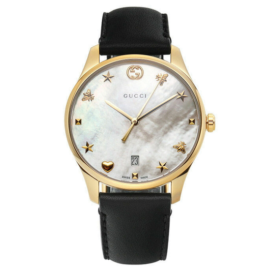 Gucci G-Timeless Quartz Mother of Pearl Dial Black Leather Strap Watch For Women - YA1264044