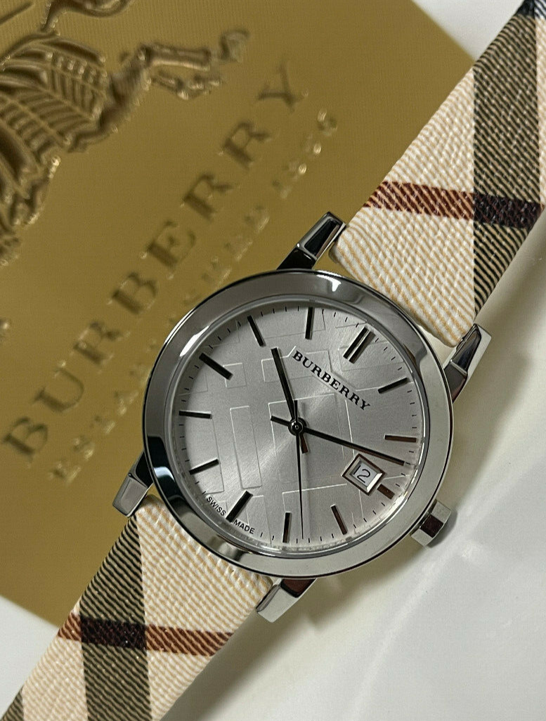 Burberry The City White Dial Beige Leather Strap Watch for Women - BU9113