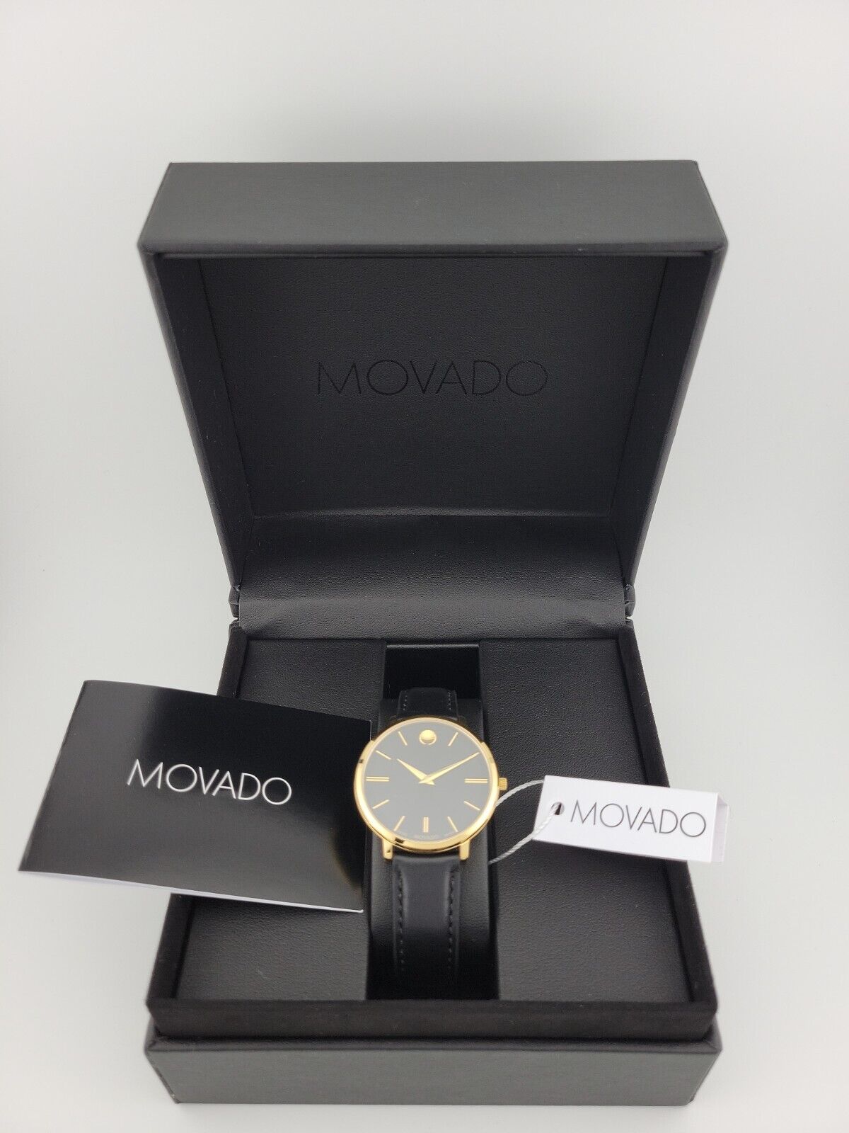 Movado Ultra Slim Black Dial Black Leather Strap Watch For Women - 0607091