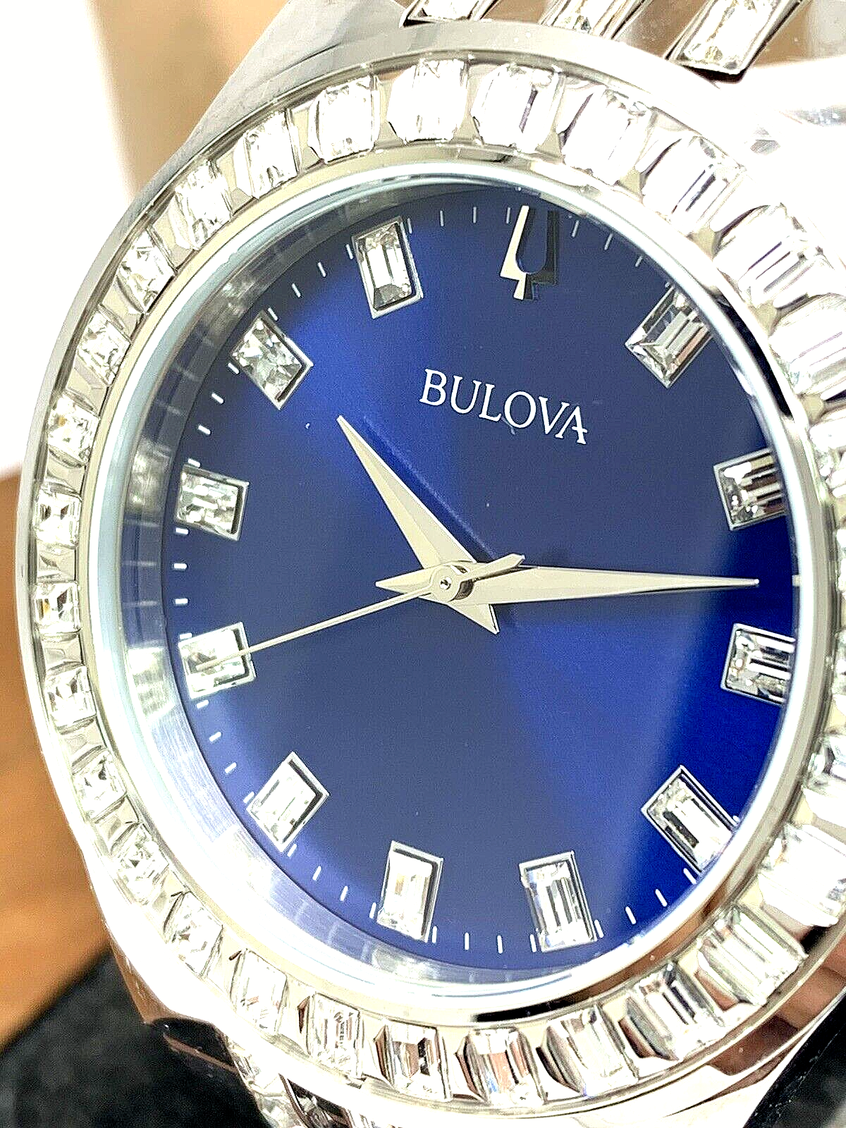 Bulova Phantom Baguette Crystal Blue Dial Silver Steel Strap Watch for Men - 96A254