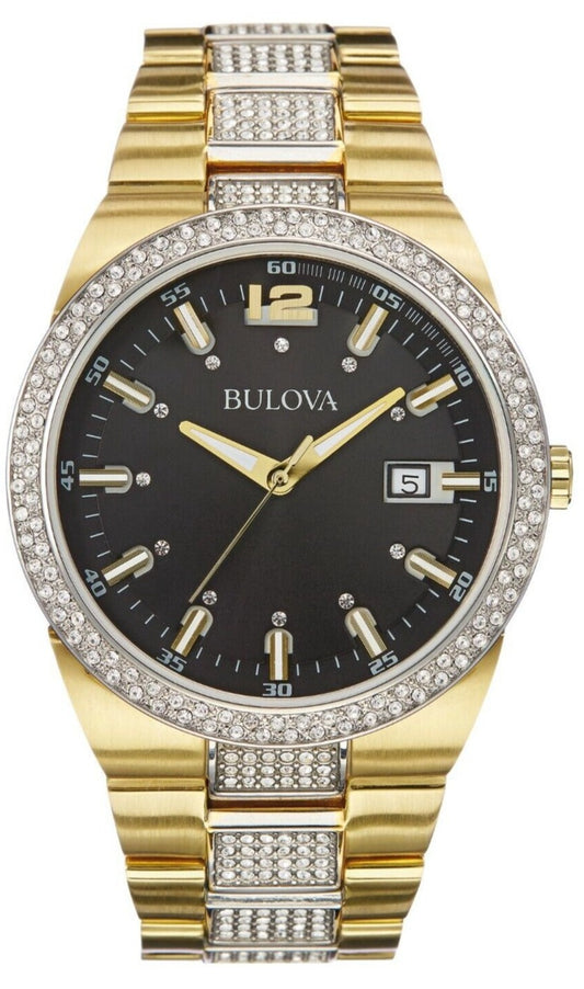 Bulova Crystal Black Dial Two Tone Steel Strap Watch for Men - 98B235