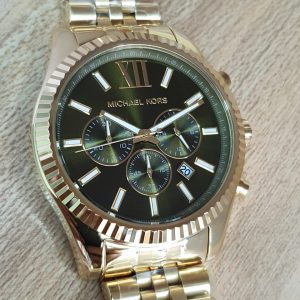 Michael Kors Lexington Chronograph Green Dial Gold Steel Strap Watch for Men - MK8446