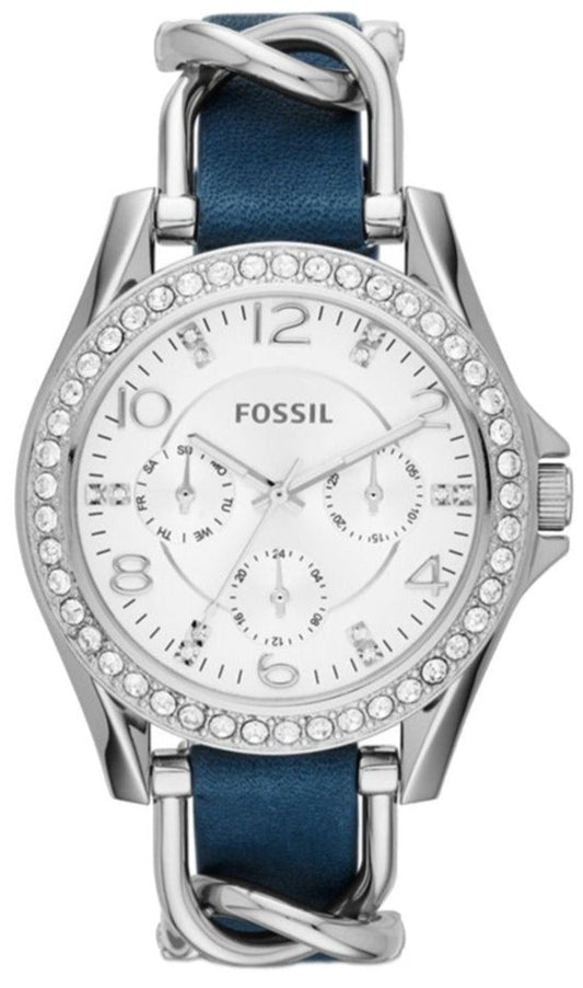 Fossil Riley White Dial Blue Leather Strap Watch for Women - ES3464