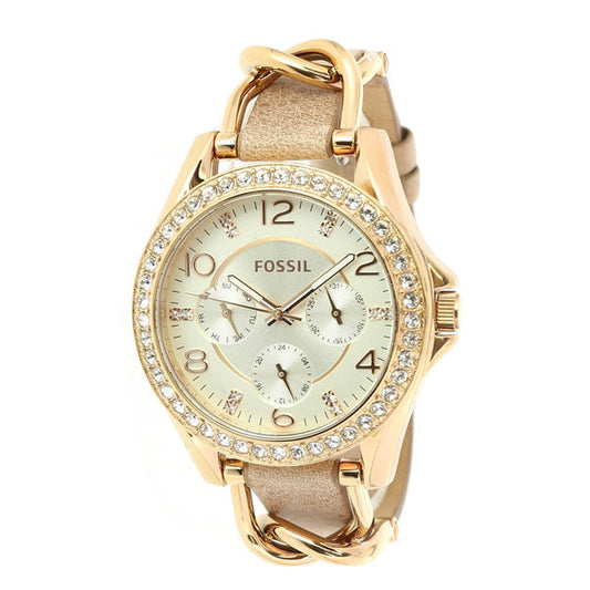 Fossil Riley Gold Dial Beige Leather Strap Watch for Women - ES3465