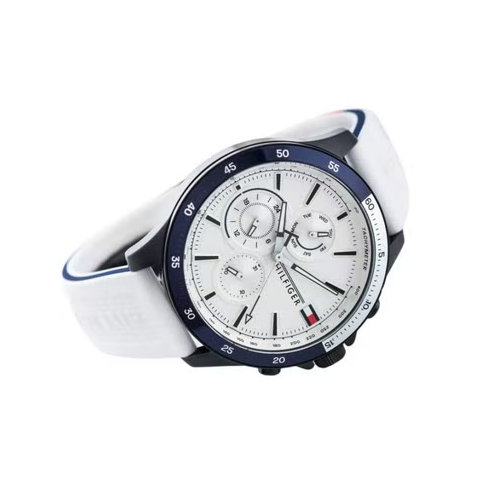 Tommy Hilfiger Bank Chronograph White Dial White Rubber Strap Watch for Men - 1791723