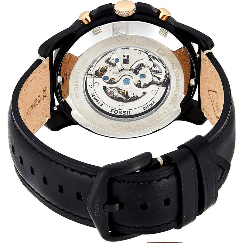 Fossil Grant Sport Automatic Skeleton Black Dial Black Leather Strap Watch for Men - ME3138