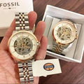 Fossil Townsman Skeleton Automatic White Dial Two Tone Steel Strap Watch for Men - ME3075