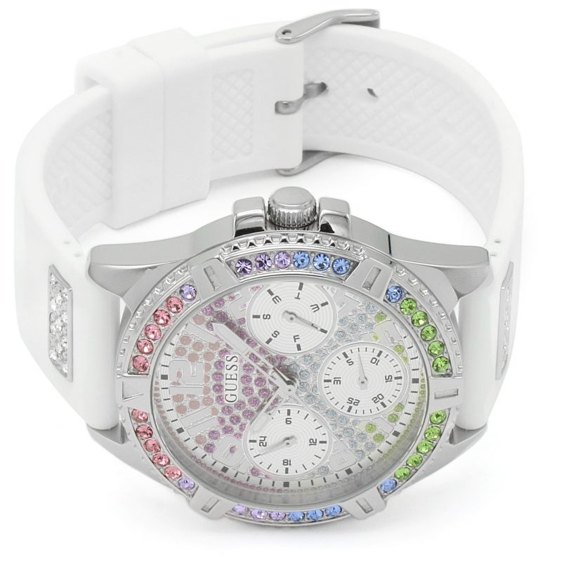 Guess Frontier Diamonds Silver Dial White Rubber Strap Watch for Women - GW0045L1