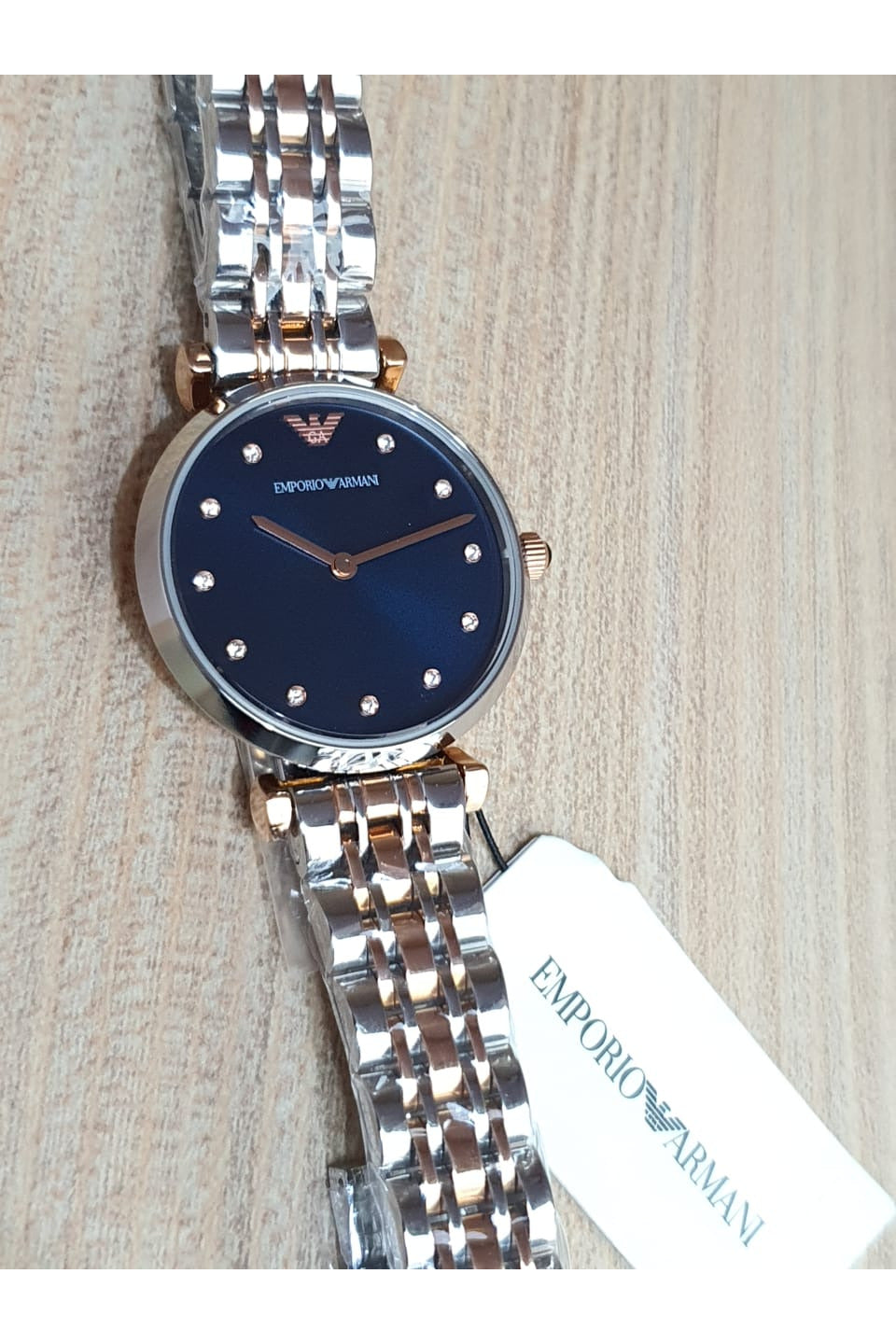 Emporio Armani Gianni T Bar Blue Dial Two Tone Steel Strap Watch For Women - AR11092