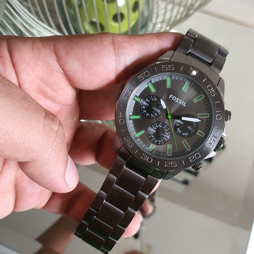 Fossil Bannon Multifunction Chronograph Green Dial Grey Steel Strap Watch for Men - BQ2504