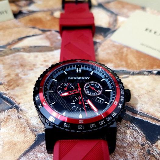 Burberry The City Chronograph Black Dial Red Rubber Strap Watch For Men - BU9805