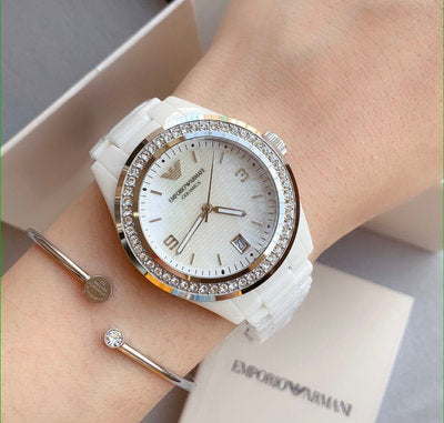 Emporio Armani Ceramica Mother of Pearl White Dial White Steel Strap Watch For Women - AR1426