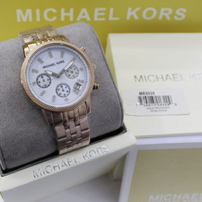 Michael Kors Damen White Dial Rose Gold Steel Strap Watch for Women - MK5026