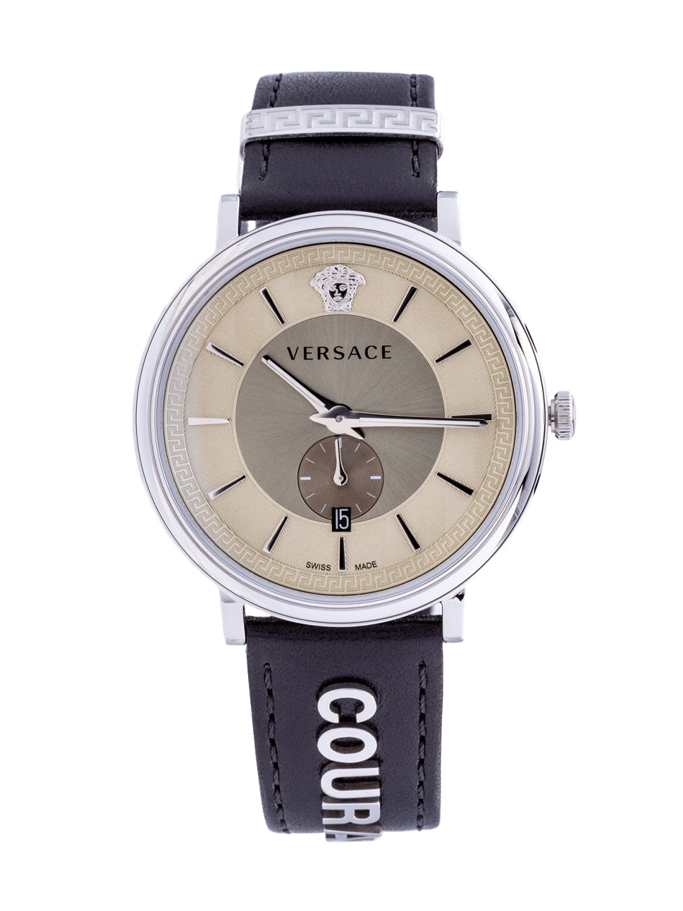 Versace V-Circle Black Manifesto Courage Quartz Silver Dial Black Leather Strap Watch for Men - VBQ080017