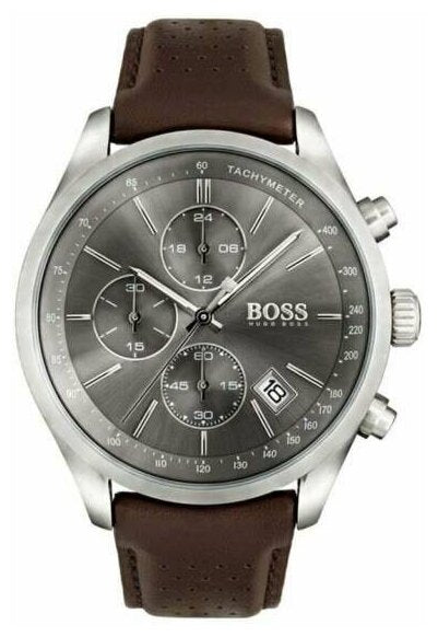 Hugo Boss Grand Prix Chronograph Grey Dial Brown Leather Strap Watch for Men - 1513476