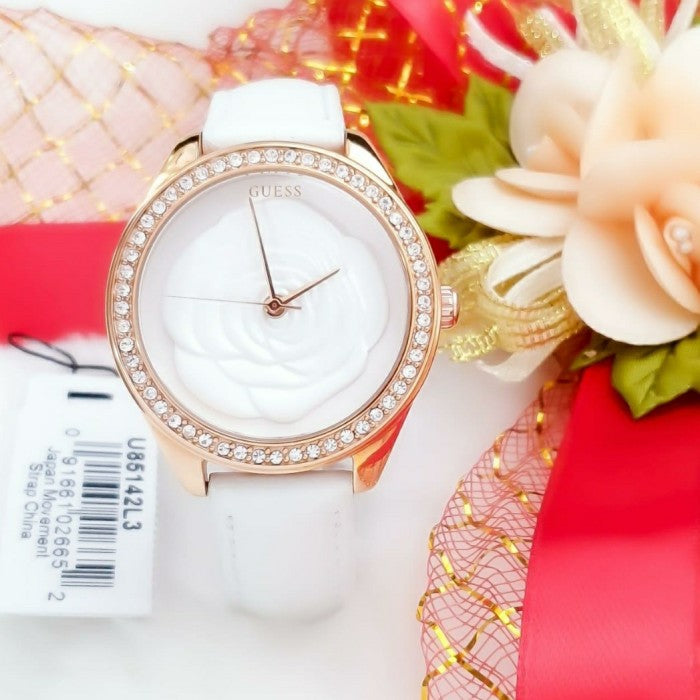 Guess Mini Rose Diamonds White Dial White Leather Strap Watch For Women - U85142l3