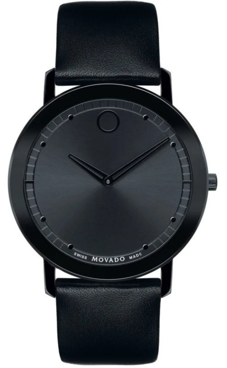 Movado Sapphire Black Dial Black Leather Strap Watch for Men - 606884