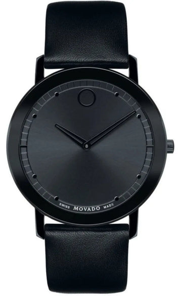 Movado Sapphire Black Dial Black Leather Strap Watch for Men - 606884