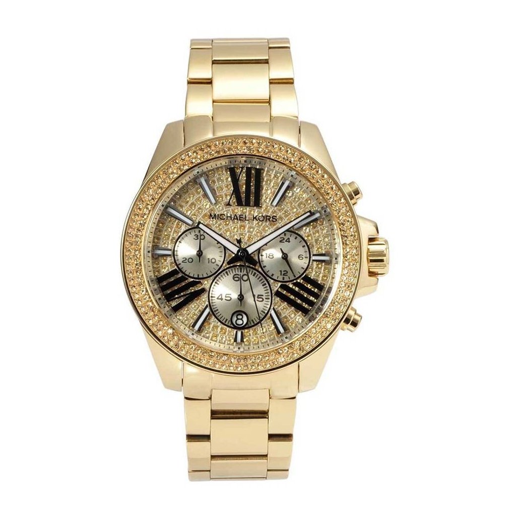 Michael Kors Wren Chronograph Crystal Pave Gold Dial Gold Steel Strap Watch for Women - MK6095