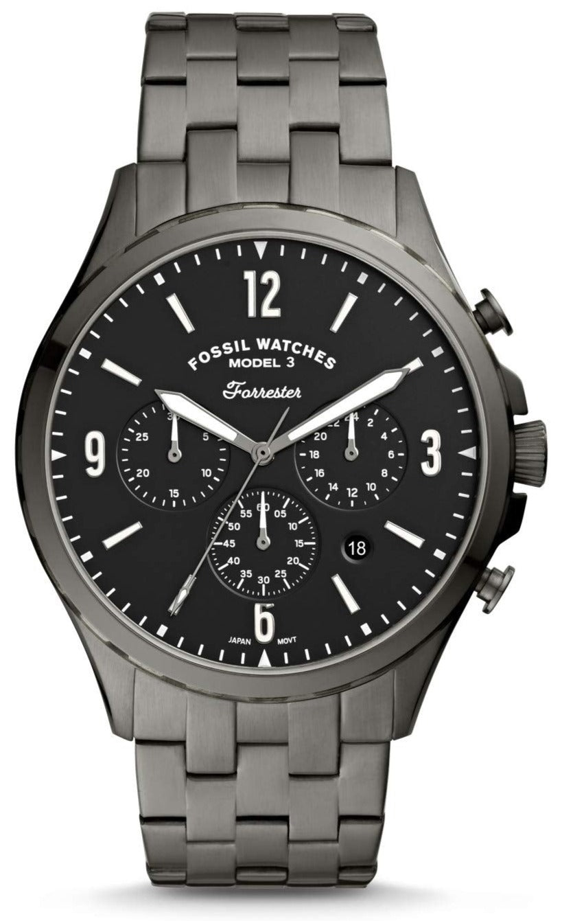 Fossil Forrester Chronograph Black Dial Grey Steel Strap Watch for Men - FS5606