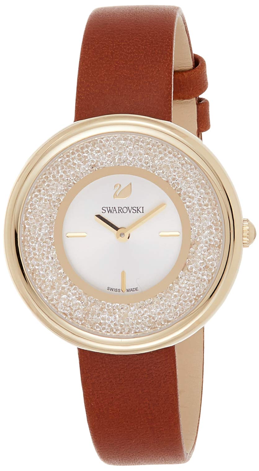 Swarovski Crystalline Pure White Dial Brown Leather Strap Watch for Women - 5275040