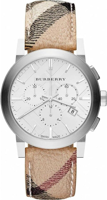 Burberry The City Chronograph White Dial Haymarket Beige Leather Strap Watch For Men - BU9360